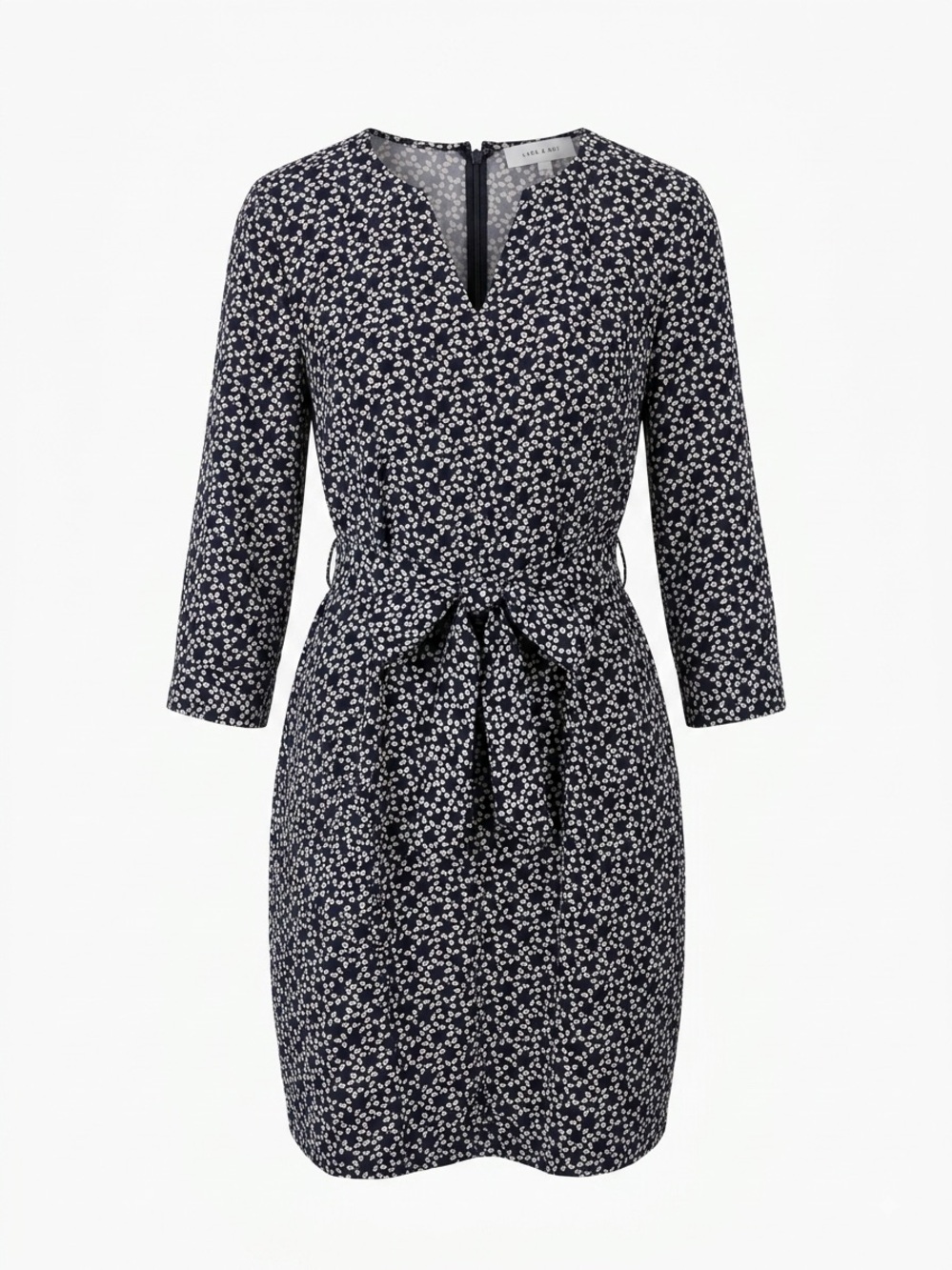 Ditsy Floral Black White V Neck Tie Waist Zip Sheath Pockets Dress Lark & Ro 6